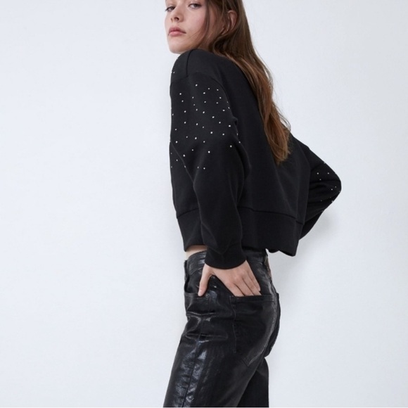 ZARA Black Studded Embellished Cropped Sweatshirt - Picture 3 of 10